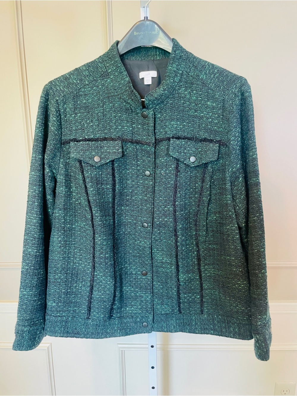 J. Jill XL Green Tweed Trucker Jacket Snap Front Denim Style Cardigan